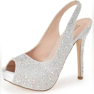 Lauren Lorraine Candy Silver Open Toe Platform Rhinestone Crystal Pump Heels